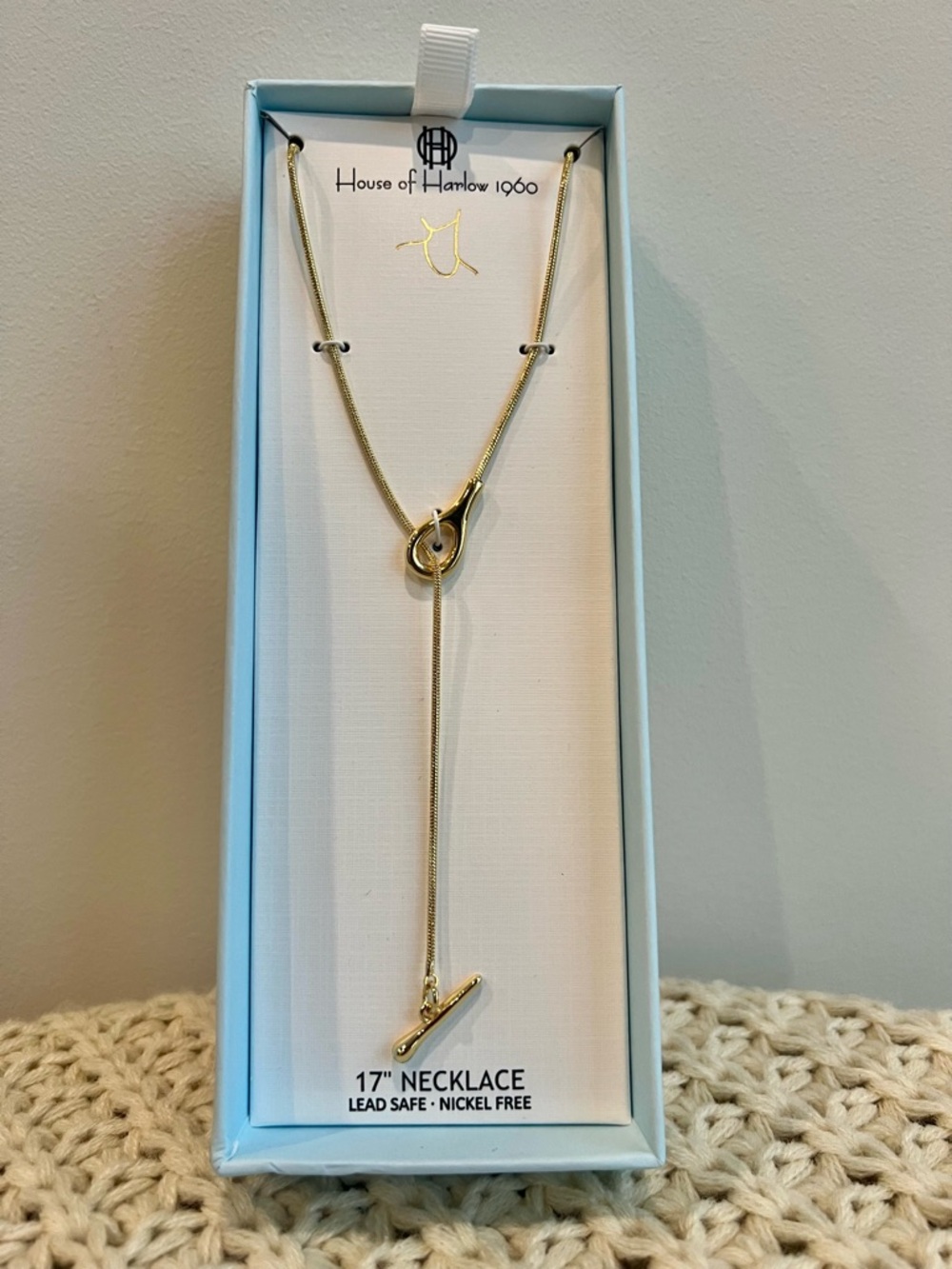 House of Harlow 1960 Gold Lariat Necklace Minimalist Toggle Drop 17” NWT